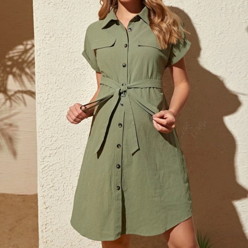 *BRAND NEW* olive green Roll Up Sleeve Belted Curved Hem Shirt Dress Large